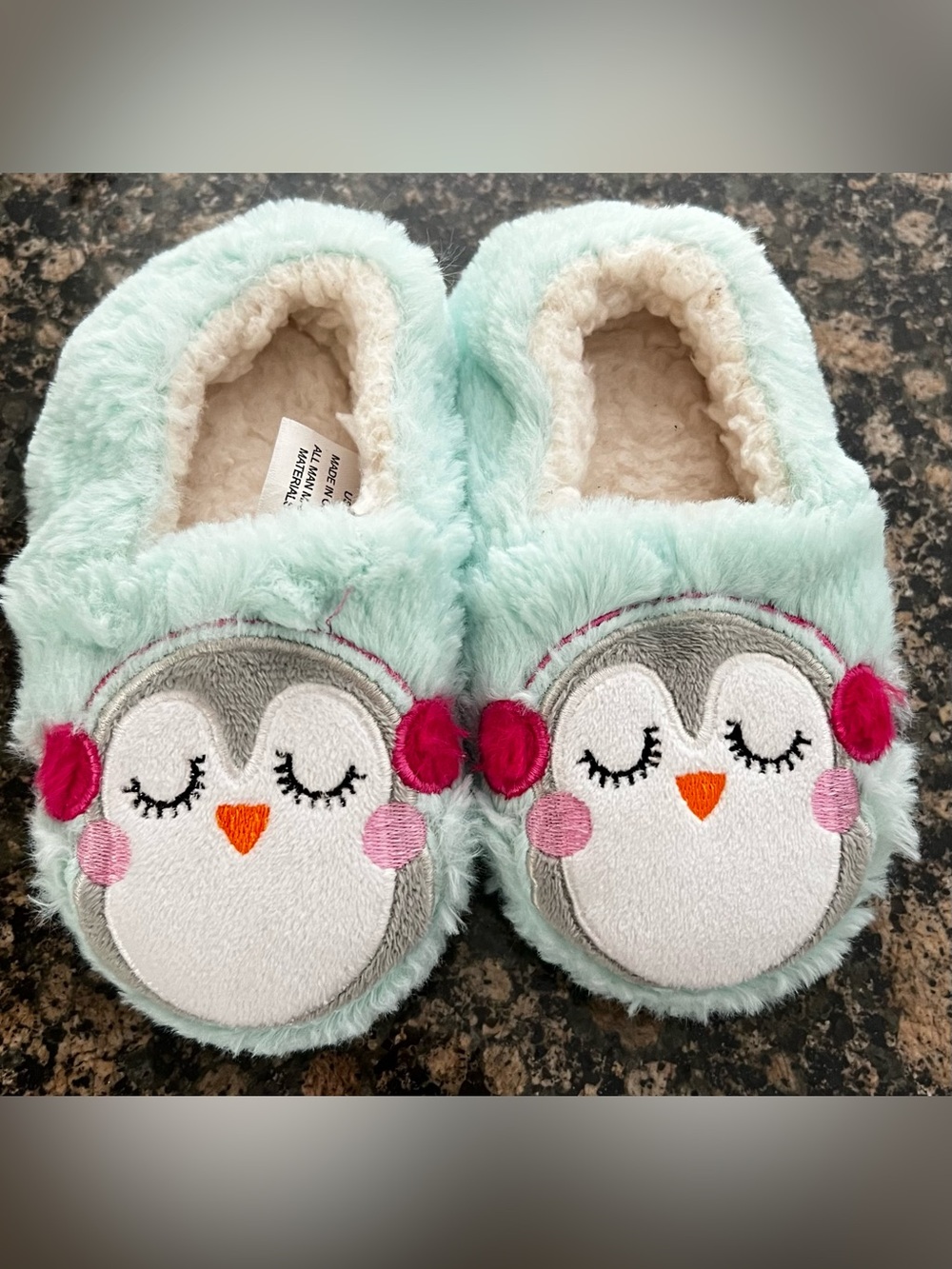 Girls Mint‎ Green Faux Fur Penguin Earmuff Slippers House Shoes Size 8